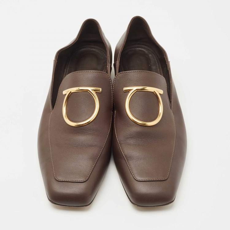 Pre Owned Salvatore Ferragamo Brown Leather Gancini Loafers Size 39.5