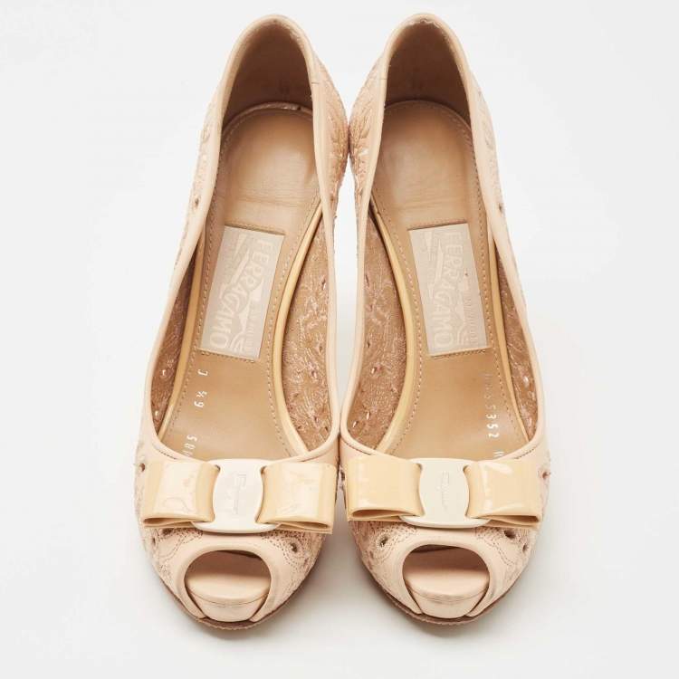 Pre Owned Salvatore Ferragamo Beige Floral Embroidered Leather Plum Vara Bow Peep Toe Pumps Size 37