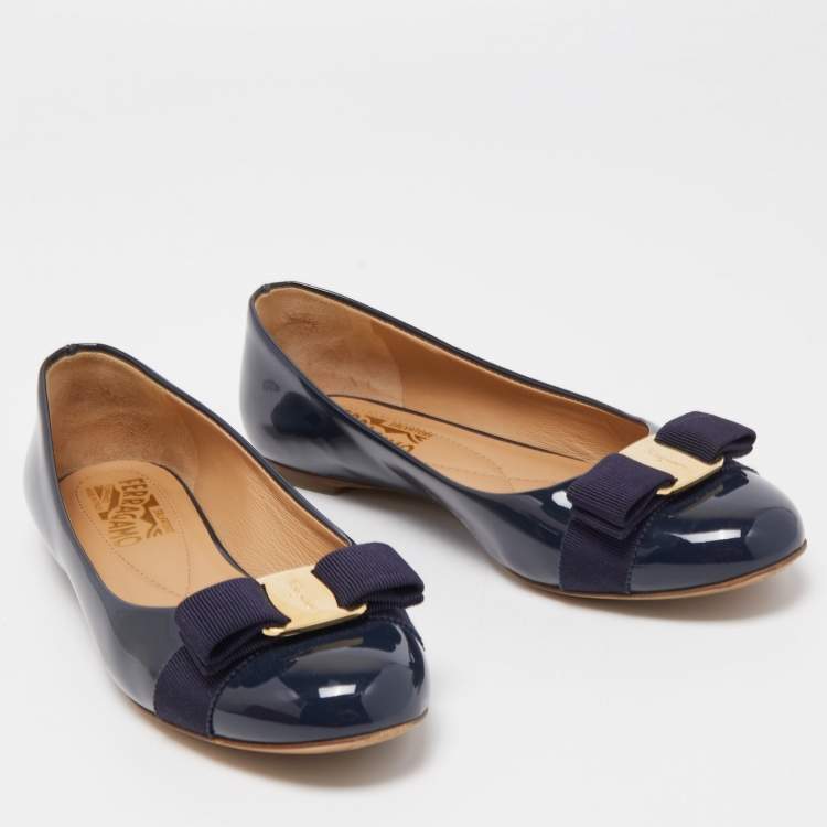 Pre Owned Salvatore Ferragamo Navy Blue Patent Leather Varina Ballet Flats Size 37.5
