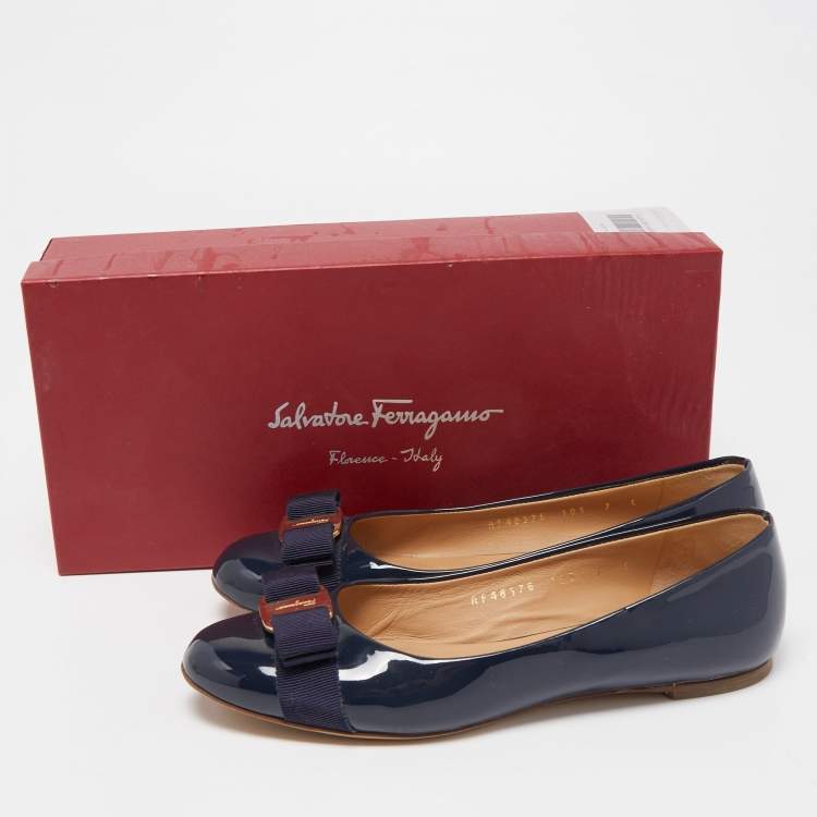 Pre Owned Salvatore Ferragamo Navy Blue Patent Leather Varina Ballet Flats Size 37.5