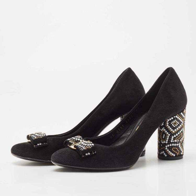 Pre Owned Salvatore Ferragamo Black Suede Vara Bow Eva Mosaic Pumps Size 37