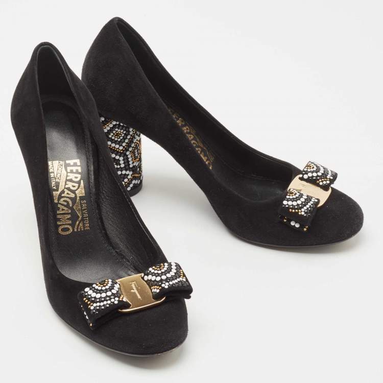 Pre Owned Salvatore Ferragamo Black Suede Vara Bow Eva Mosaic Pumps Size 37