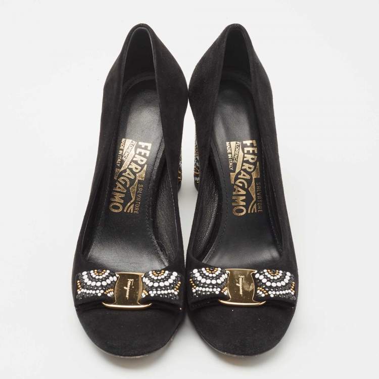 Pre Owned Salvatore Ferragamo Black Suede Vara Bow Eva Mosaic Pumps Size 37