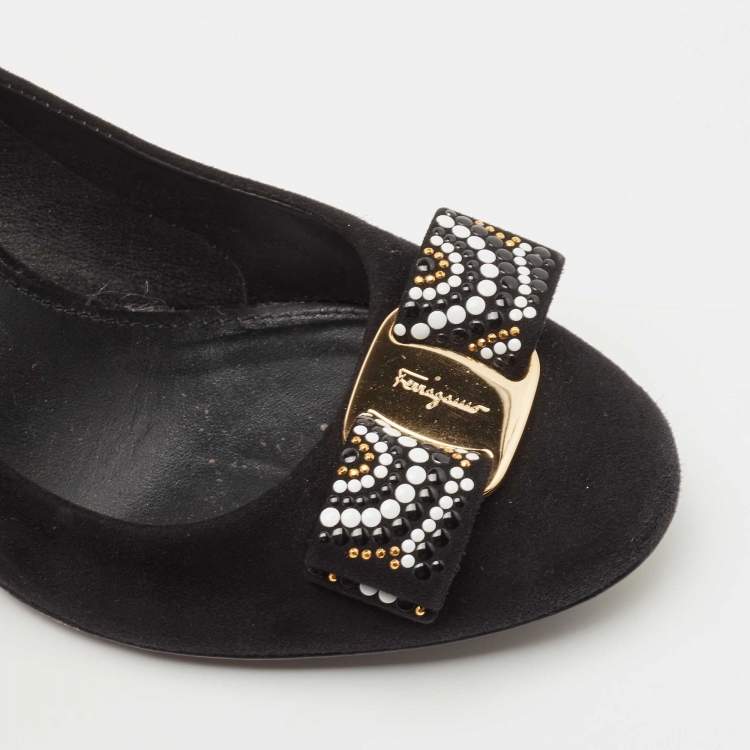Pre Owned Salvatore Ferragamo Black Suede Vara Bow Eva Mosaic Pumps Size 37