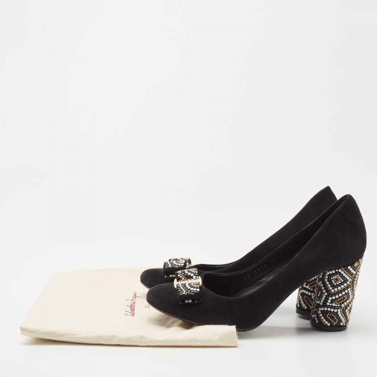 Pre Owned Salvatore Ferragamo Black Suede Vara Bow Eva Mosaic Pumps Size 37