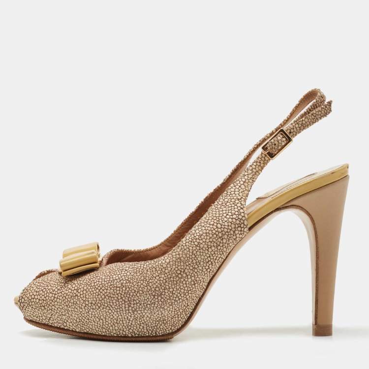Pre Owned Salvatore Ferragamo Multicolor Texture Suede and Patent Peep Toe Bow Pumps Size 36.5