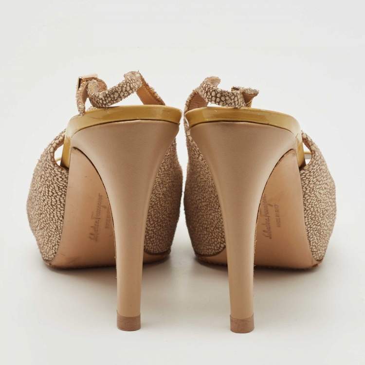 Pre Owned Salvatore Ferragamo Multicolor Texture Suede and Patent Peep Toe Bow Pumps Size 36.5