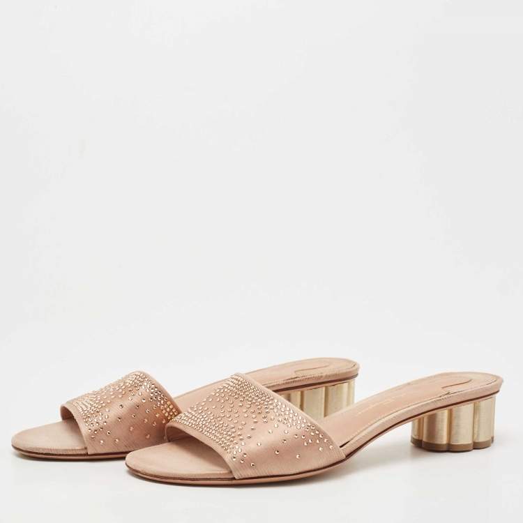 Pre Owned Salvatore Ferragamo Beige Satin Crystal Embellished Gorizias City Slide Sandals Size 38.5