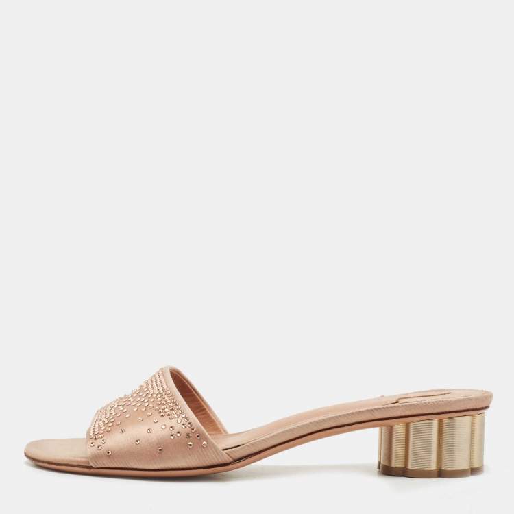 Pre Owned Salvatore Ferragamo Beige Satin Crystal Embellished Gorizias City Slide Sandals Size 38.5