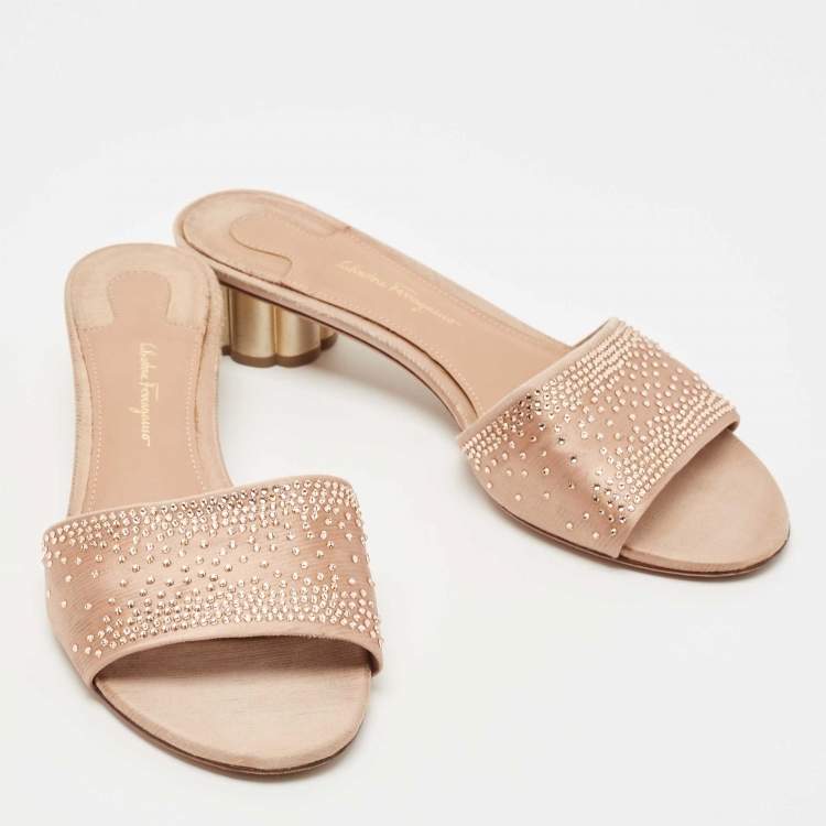 Pre Owned Salvatore Ferragamo Beige Satin Crystal Embellished Gorizias City Slide Sandals Size 38.5