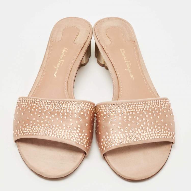 Pre Owned Salvatore Ferragamo Beige Satin Crystal Embellished Gorizias City Slide Sandals Size 38.5
