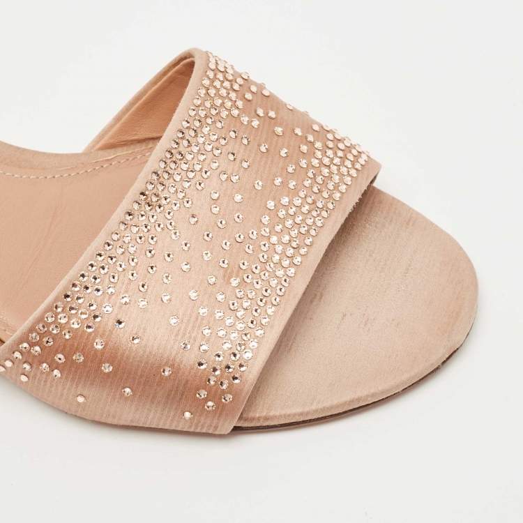 Pre Owned Salvatore Ferragamo Beige Satin Crystal Embellished Gorizias City Slide Sandals Size 38.5