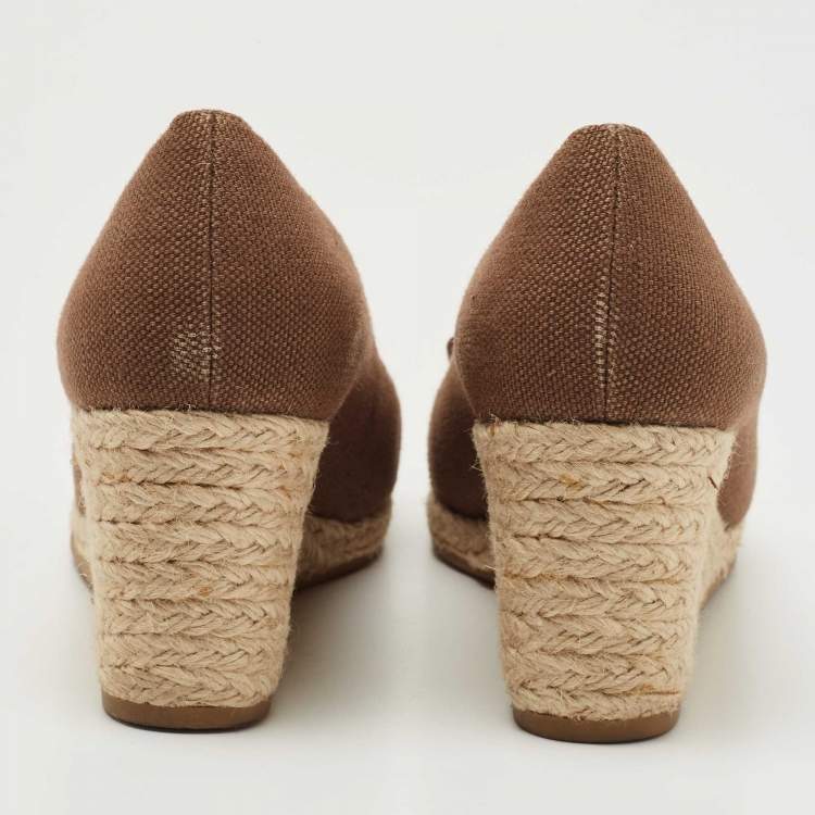 Pre Owned Salvatore Ferragamo Brown Canvas Bow Detailed 'Darly' Espadrille Wedges Size 40