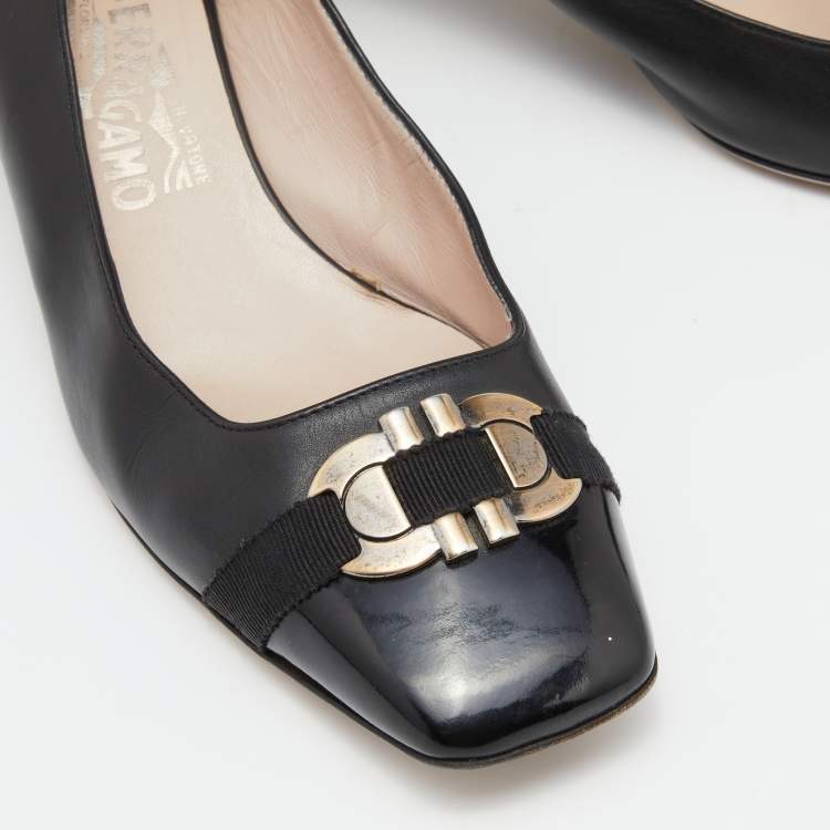 Pre Owned Salvatore Ferragamo Black Leather Gancini Bit Block Heel Pumps Size 40
