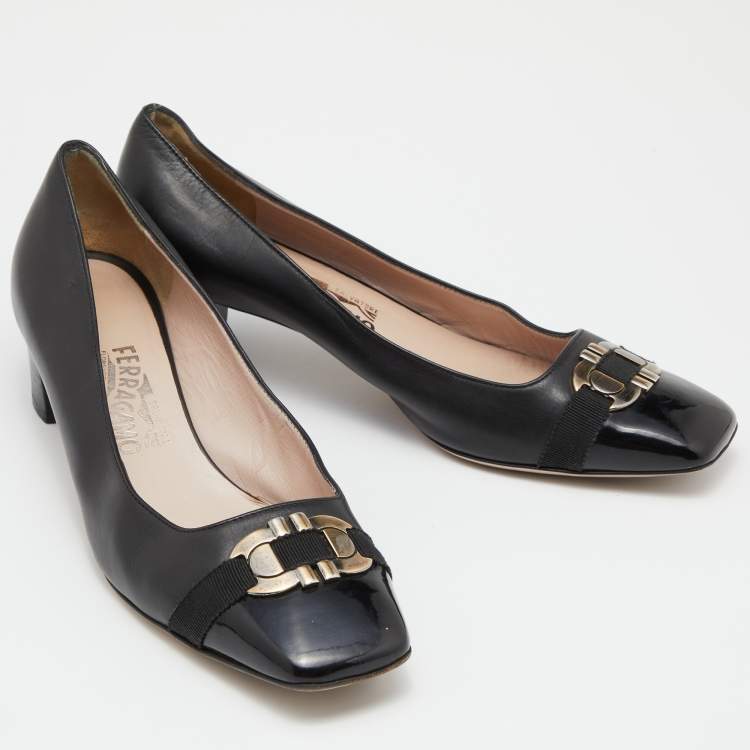 Pre Owned Salvatore Ferragamo Black Leather Gancini Bit Block Heel Pumps Size 40