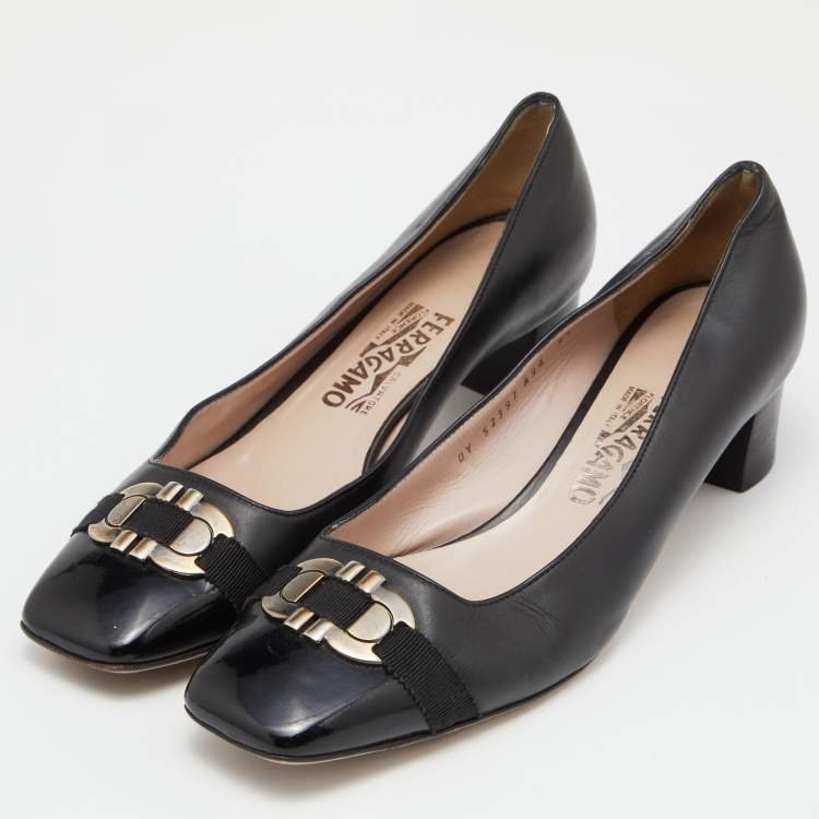 Salvatore Ferragamo Black Leather Gancini Bit Block Heel