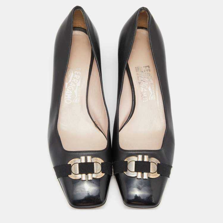 Pre Owned Salvatore Ferragamo Black Leather Gancini Bit Block Heel Pumps Size 40