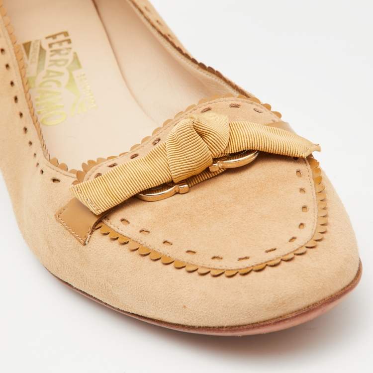Pre Owned Salvatore Ferragamo Brown Suede Bow Pumps Size 40.5