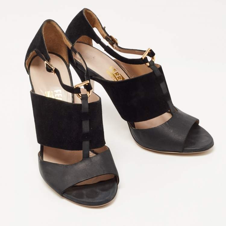 Pre Owned Salvatore Ferragamo Black Leather and Suede T Strap Platform Sandals Size 39.5
