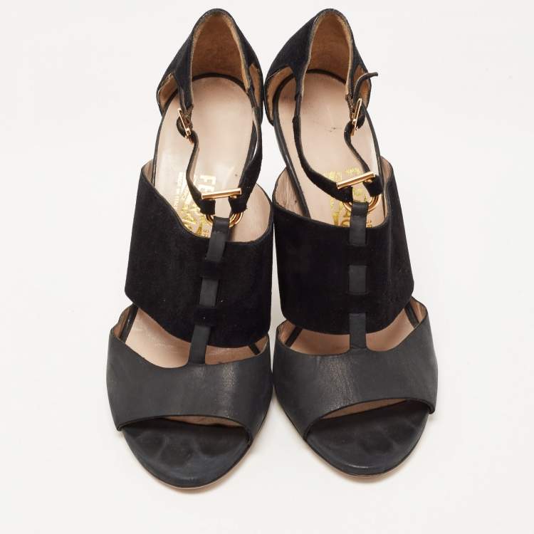 Pre Owned Salvatore Ferragamo Black Leather and Suede T Strap Platform Sandals Size 39.5
