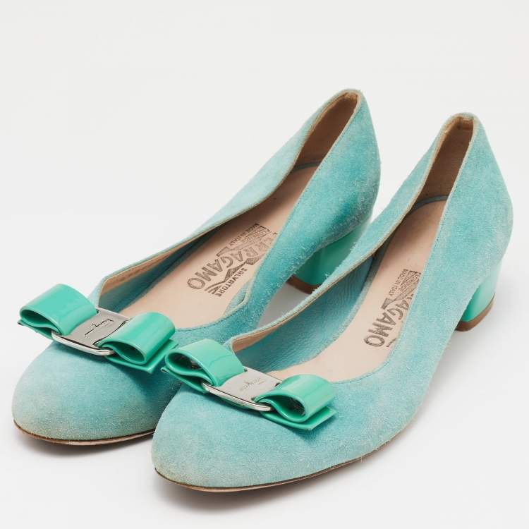 Pre Owned Salvatore Ferragamo Blue Suede and Patent Bow Varina Ballet Flats Size 37.5