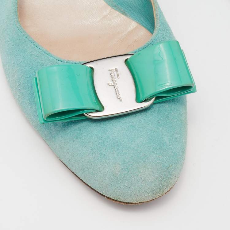 Pre Owned Salvatore Ferragamo Blue Suede and Patent Bow Varina Ballet Flats Size 37.5