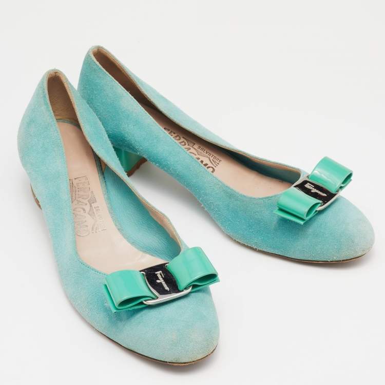 Pre Owned Salvatore Ferragamo Blue Suede and Patent Bow Varina Ballet Flats Size 37.5