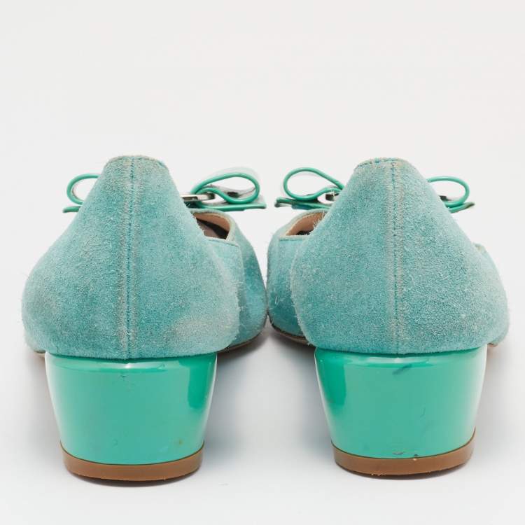 Pre Owned Salvatore Ferragamo Blue Suede and Patent Bow Varina Ballet Flats Size 37.5