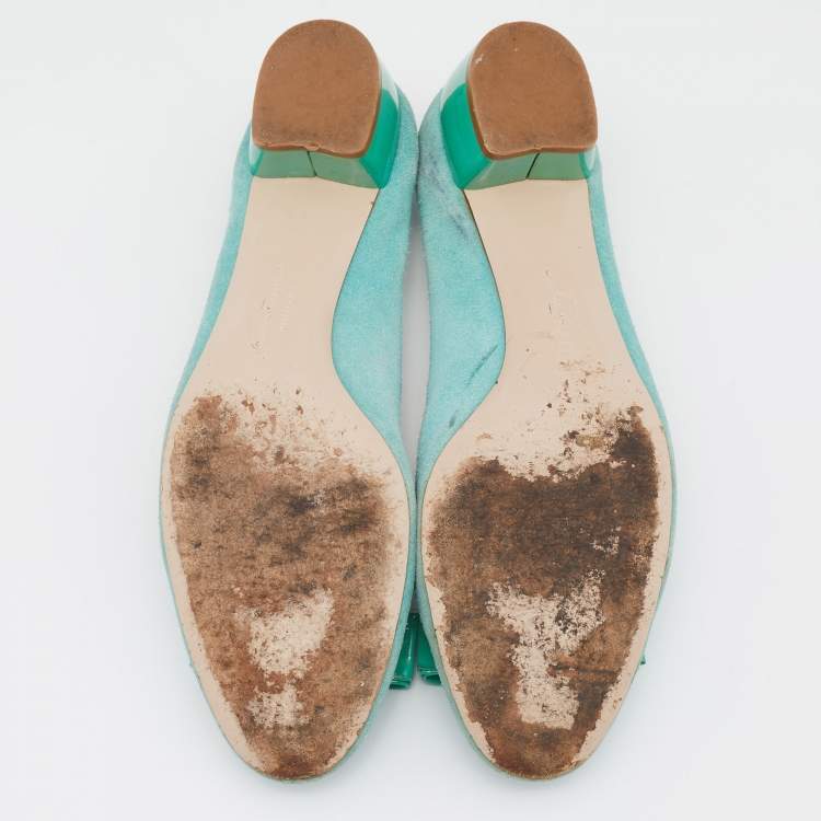 Pre Owned Salvatore Ferragamo Blue Suede and Patent Bow Varina Ballet Flats Size 37.5