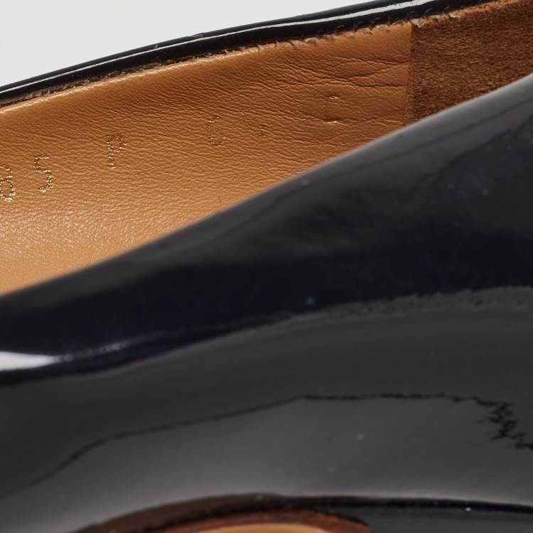 Pre Owned Salvatore Ferragamo Navy Blue Patent Leather Vara Bow Pumps Size 37