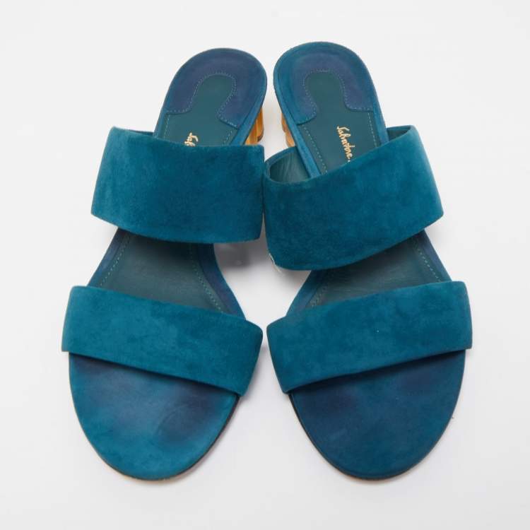 Pre Owned Salvatore Ferragamo Teal Suede Belluno Slide Sandals Size 37.5