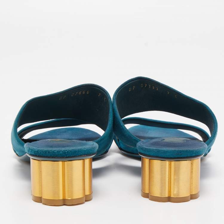 Pre Owned Salvatore Ferragamo Teal Suede Belluno Slide Sandals Size 37.5