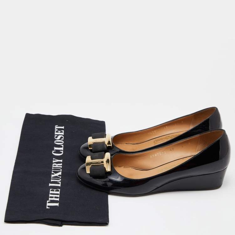 Pre Owned Salvatore Ferragamo Black Patent Leather Ninna Wedges Pumps Size 38