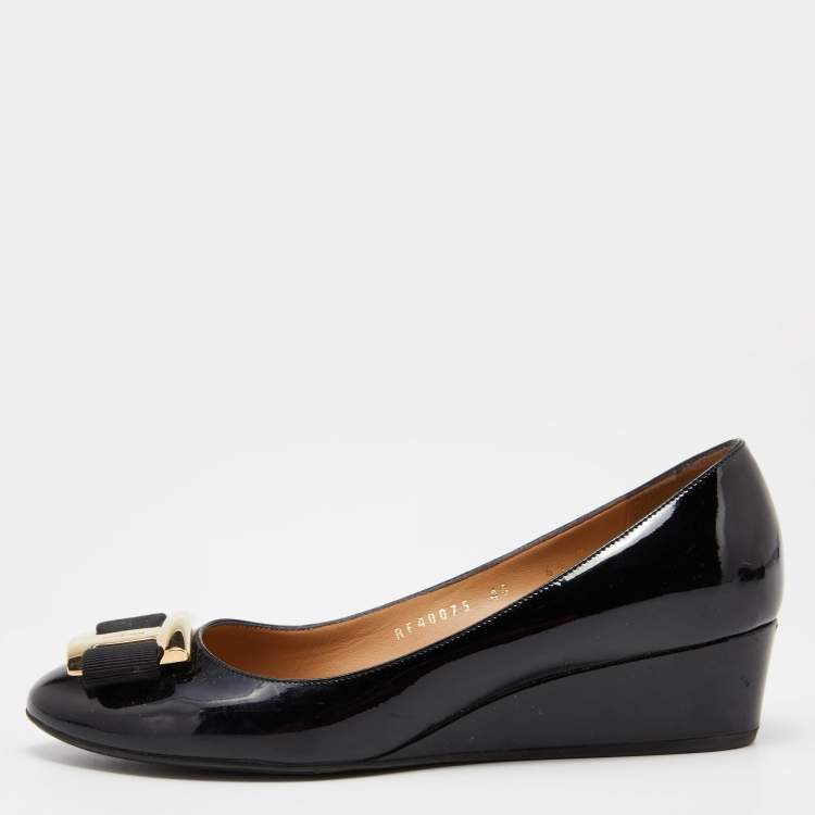 Pre Owned Salvatore Ferragamo Black Patent Leather Ninna Wedges Pumps Size 38