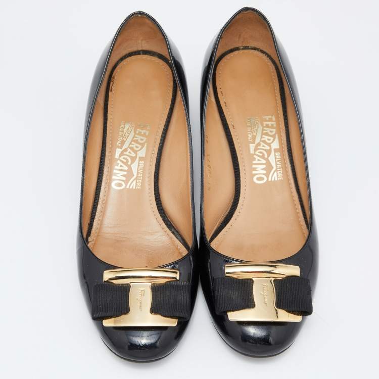 Pre Owned Salvatore Ferragamo Black Patent Leather Ninna Wedges Pumps Size 38