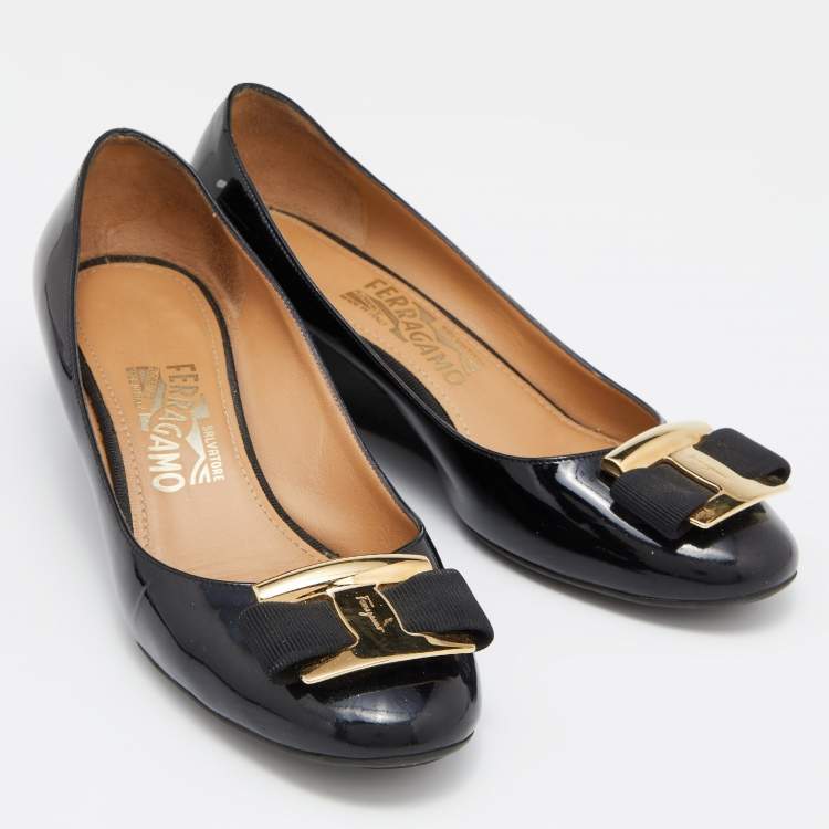 Pre Owned Salvatore Ferragamo Black Patent Leather Ninna Wedges Pumps Size 38
