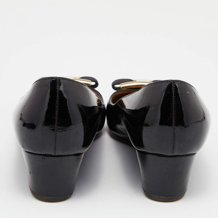 Pre Owned Salvatore Ferragamo Black Patent Leather Ninna Wedges Pumps Size 38