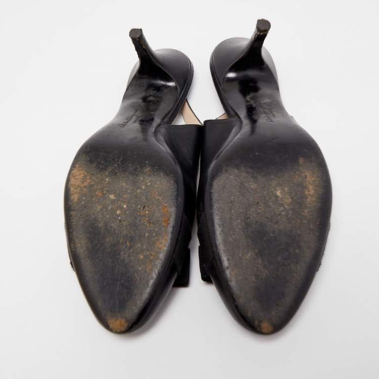 Pre Owned Salvatore Ferragamo Black Leather Vara Bow Slingback Pumps Size 39.5