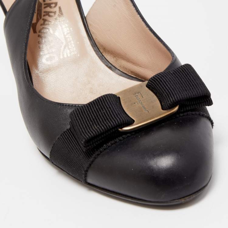Pre Owned Salvatore Ferragamo Black Leather Vara Bow Slingback Pumps Size 39.5
