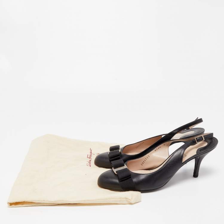 Pre Owned Salvatore Ferragamo Black Leather Vara Bow Slingback Pumps Size 39.5