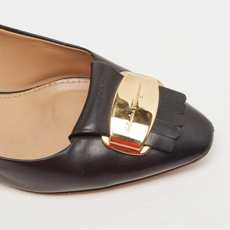 Pre Owned Salvatore Ferragamo Black Leather Fringe Buckle Pumps Size 39.5
