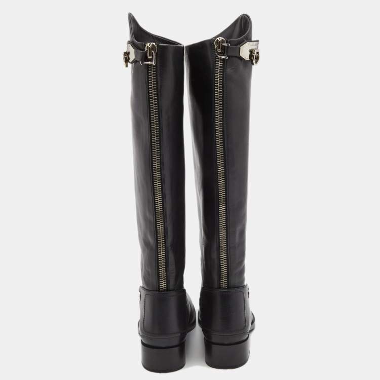 Pre Owned Salvatore Ferragamo Black Leather Knee Length Boots Size 37.5