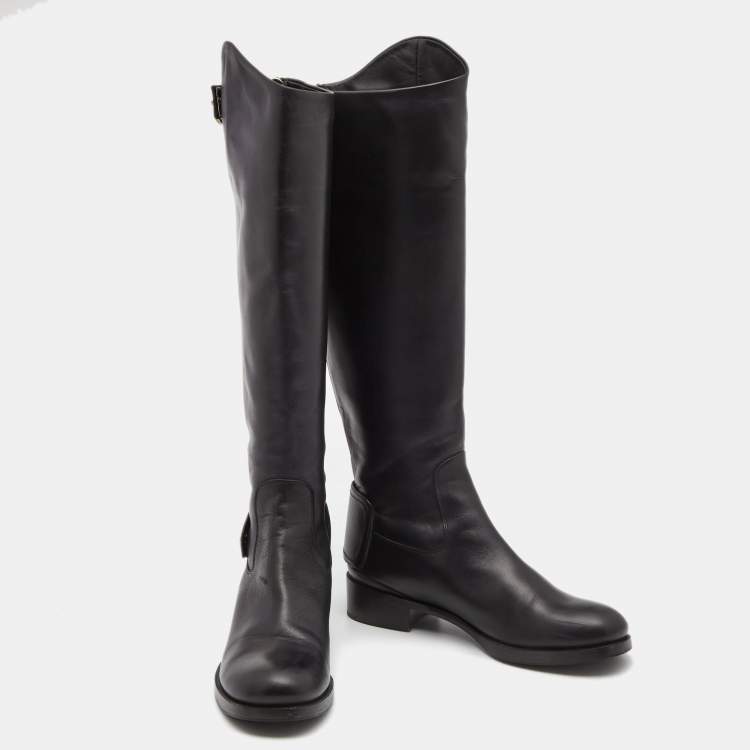 Pre Owned Salvatore Ferragamo Black Leather Knee Length Boots Size 37.5