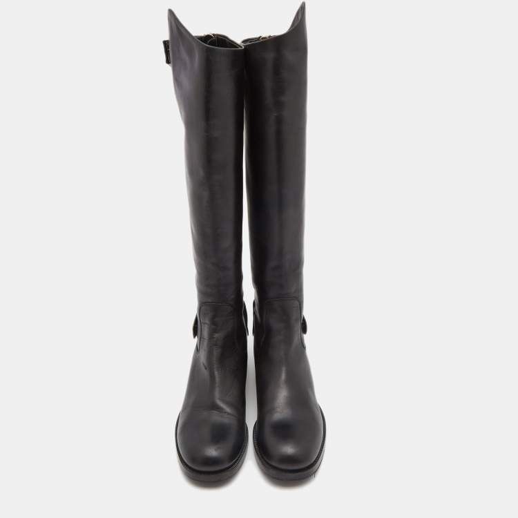 Pre Owned Salvatore Ferragamo Black Leather Knee Length Boots Size 37.5