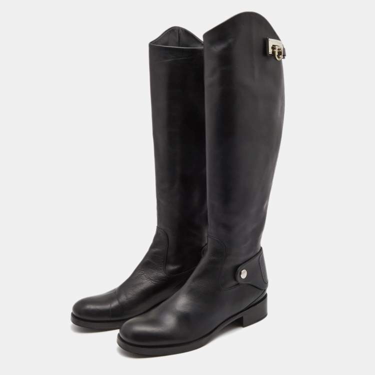 Pre Owned Salvatore Ferragamo Black Leather Knee Length Boots Size 37.5