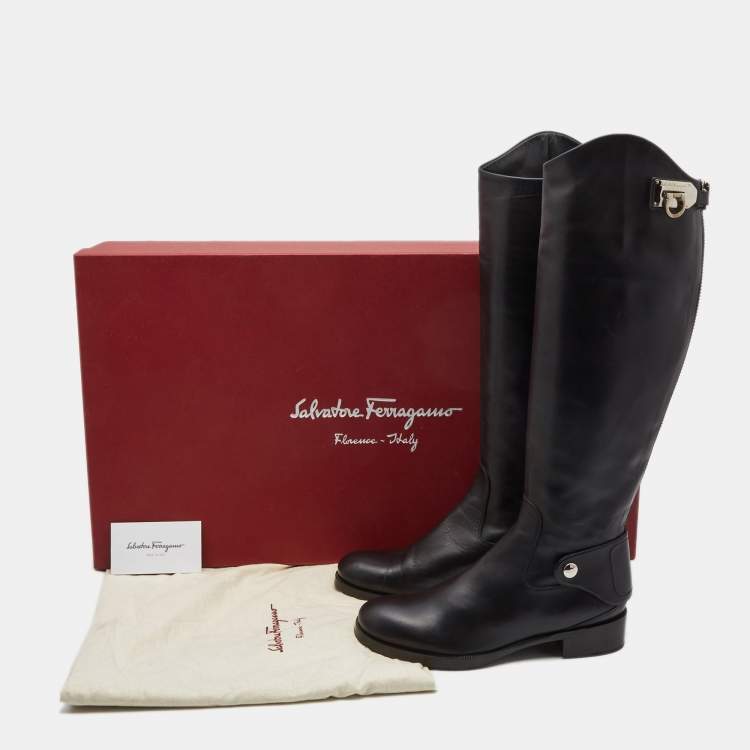 Pre Owned Salvatore Ferragamo Black Leather Knee Length Boots Size 37.5