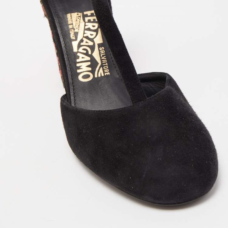 Pre Owned Salvatore Ferragamo Black/Pink Suede And Leather Fergie T-Strap Pumps Size 37.5