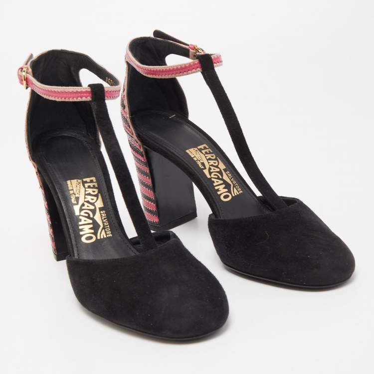 Pre Owned Salvatore Ferragamo Black/Pink Suede And Leather Fergie T-Strap Pumps Size 37.5