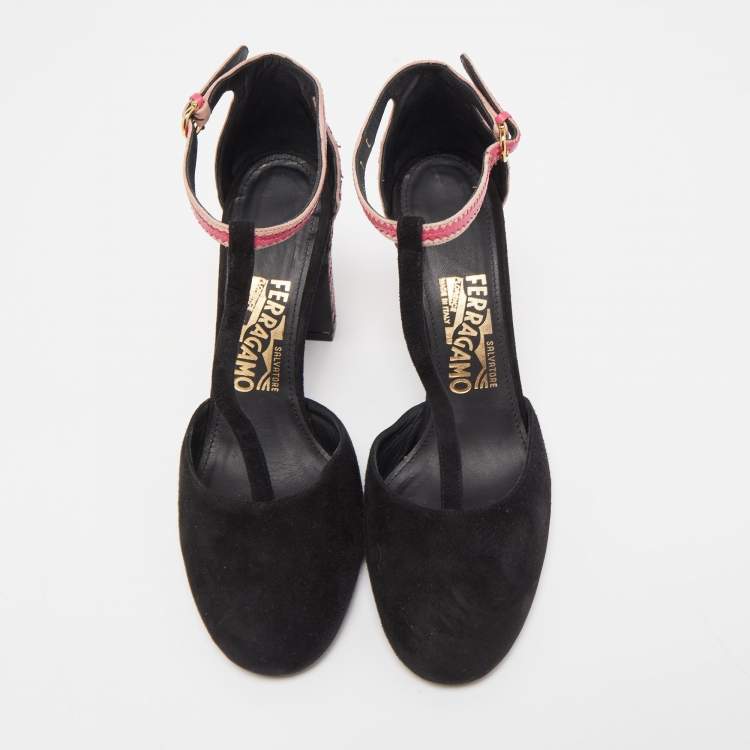 Pre Owned Salvatore Ferragamo Black/Pink Suede And Leather Fergie T-Strap Pumps Size 37.5