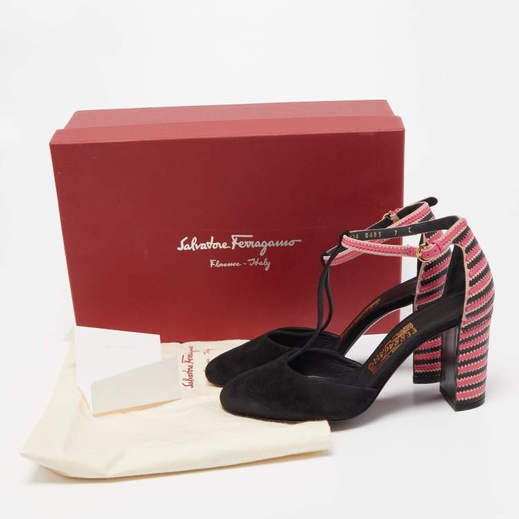 Pre Owned Salvatore Ferragamo Black/Pink Suede And Leather Fergie T-Strap Pumps Size 37.5